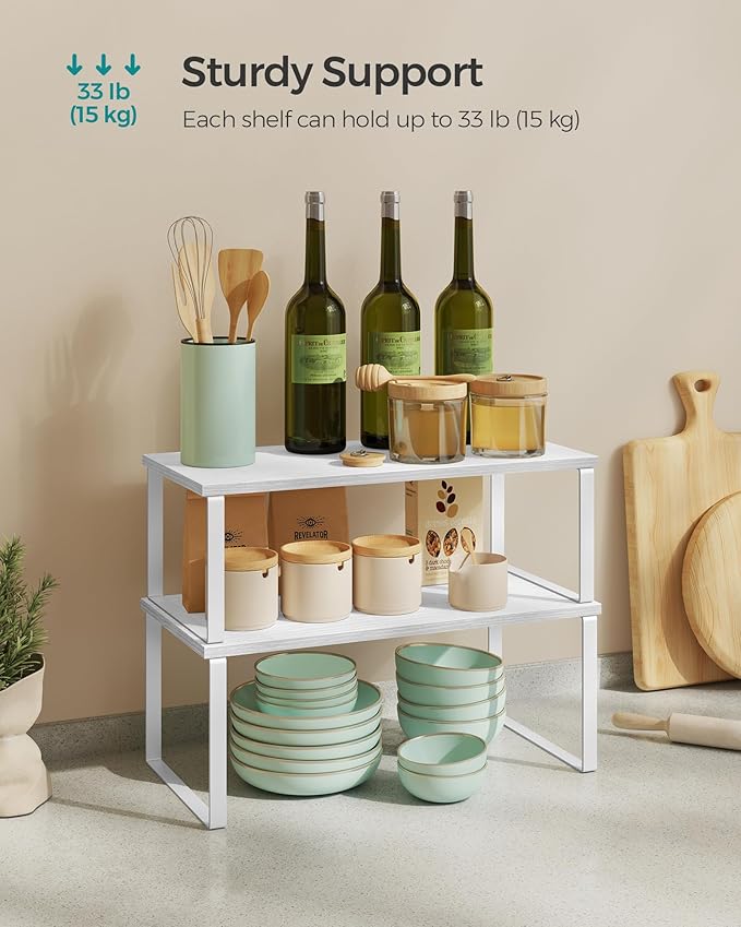 SONGMICS Cabinet Organizer Shelf, Set of 2 Kitchen Counter Shelves, Kitchen Storage, Spice Rack, Stackable, Expandable, Metal and Engineered Wood, 15.6 Inches, Cloud White and Snow White UKCS025W01