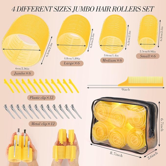 obeoby 4 Sizes Hair Rollers Curlers Set with Clips for Women Girls, Yellow