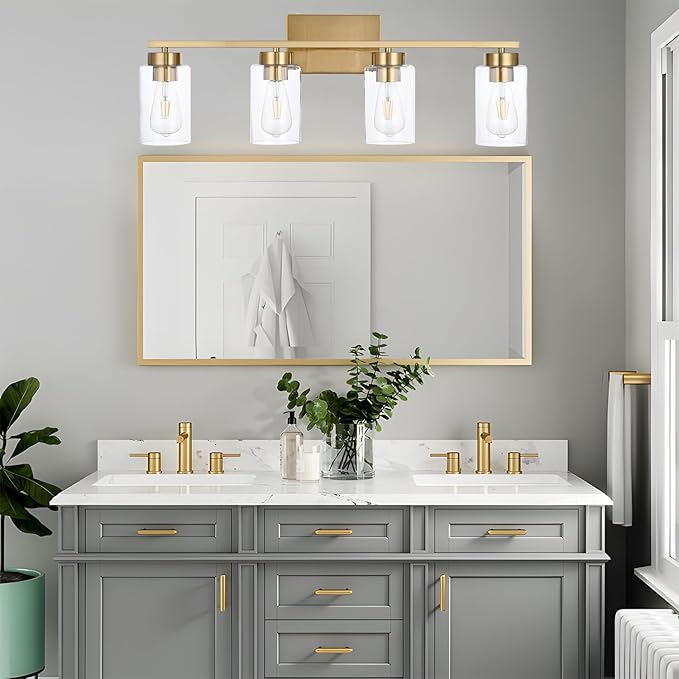 A1A9 4 Light Bathroom Vanity Light Fixtures, Brushed Brass Modern Wall Lights with Clear Glass Shade, Vintage Wall Sconce Lighting for Living Room, Mirror, Bedroom, Hallway (Gold, 4-Lights)