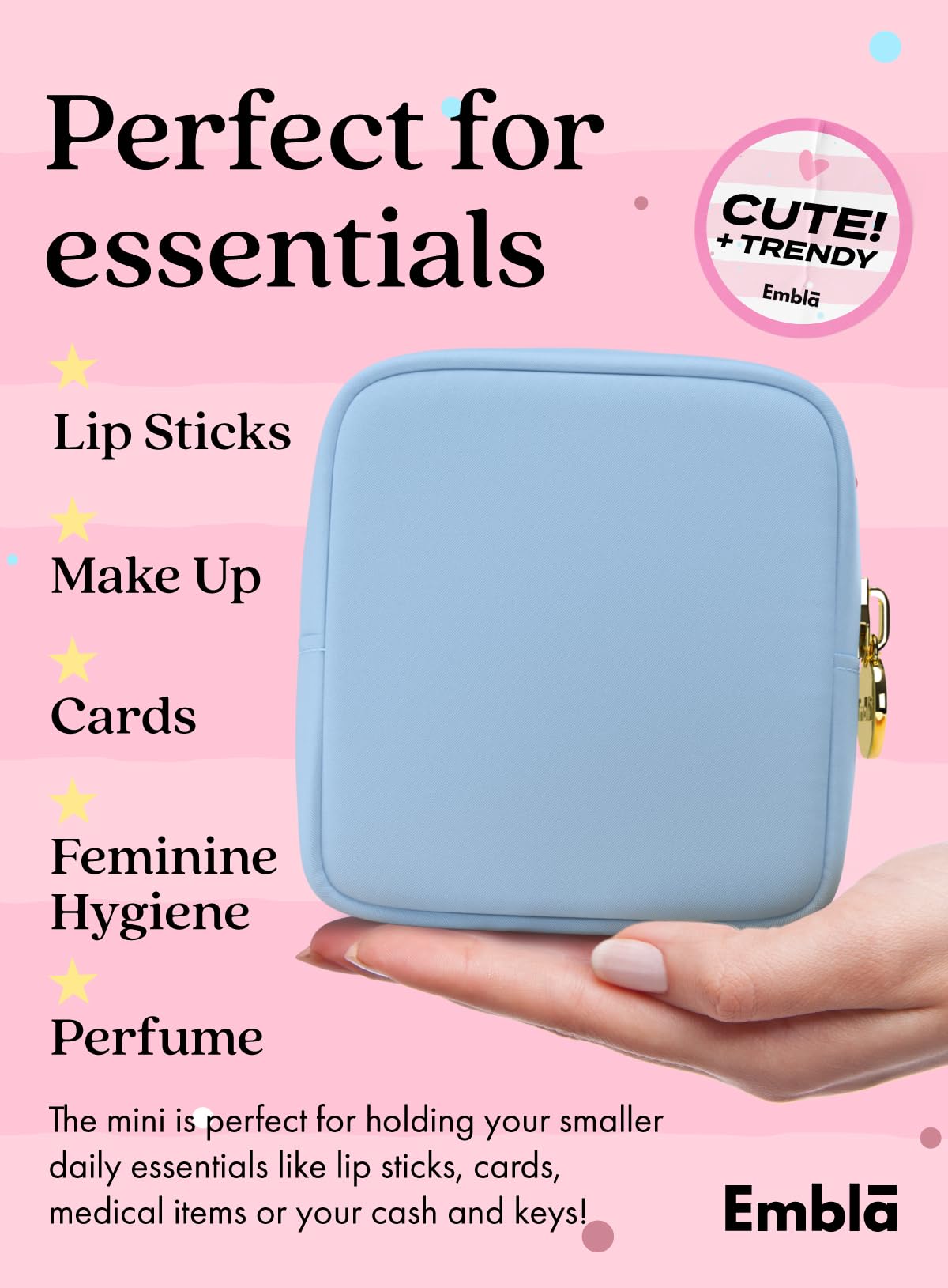Embla Small Makeup Bag for Purse, Mini Waterproof Nylon Cosmetic Pouch, Durable and Lightweight Travel Toiletry Bag with Smooth Zipper, Blue