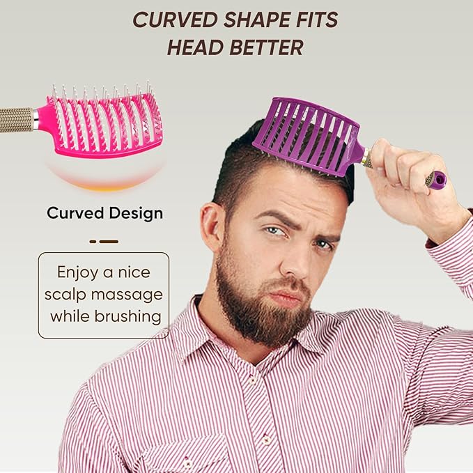 Kertiberif 2 Pack Curved Vented Detangling Brush for Wet and Dry Hair, Paddle Styling Hair Brush for Faster Blow Drying, Detangler Brush for Women Men Curly Thick Hair