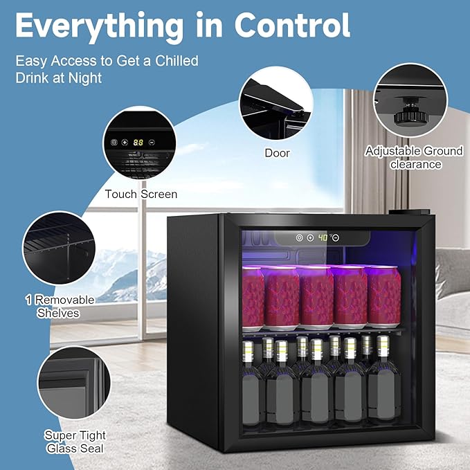 Stopsad Compact Beverage Refrigerator, 1.3Cu.Ft/60 Can Mini Fridge with Glass Door and Digital Display, Small Drink Fridge with Adjustable Shelves for Soda, Beer, or Wine, Compact Fridge for Bedroom