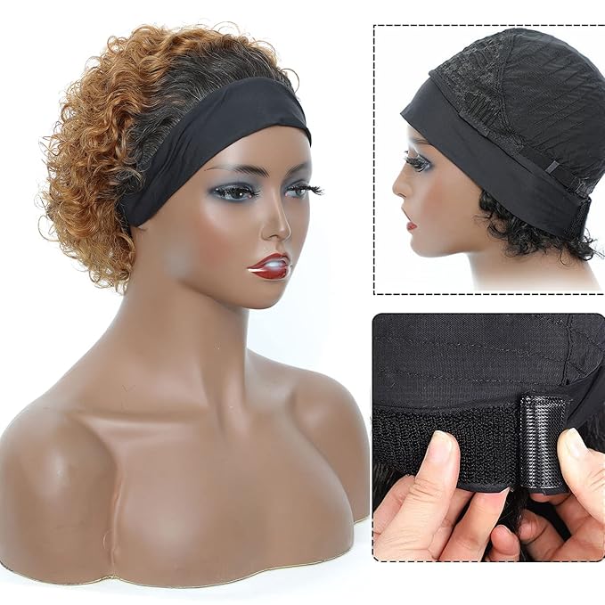 Headband Wigs Human Hair for Black Women Blonde Ombre Pixie Cut Headband Wig Put On and Go Glueless Human Hair Wig with Headband,150% Density 6inch，T27