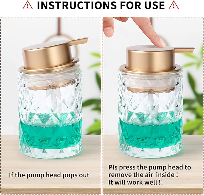 Bathroom Glass Soap Dispenser with Durable Rust-Proof Plastic Liquid Pump Hand Lotion Dispenser Antislip Shampoo Kitchen 10oz 2 Pack