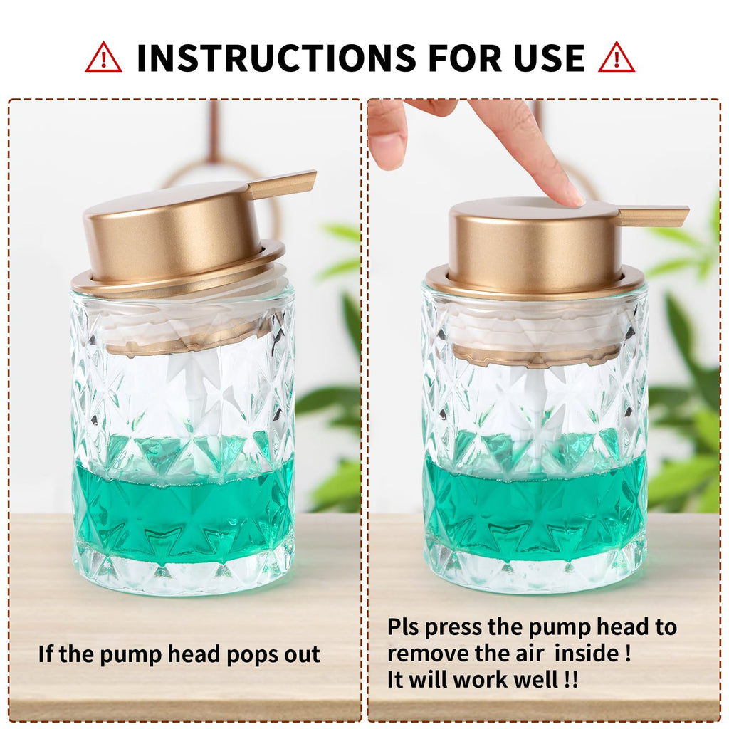 Bathroom Glass Soap Dispenser with Durable Rust-Proof Plastic Liquid Pump Hand Lotion Dispenser Antislip Shampoo Kitchen 10oz 2 Pack