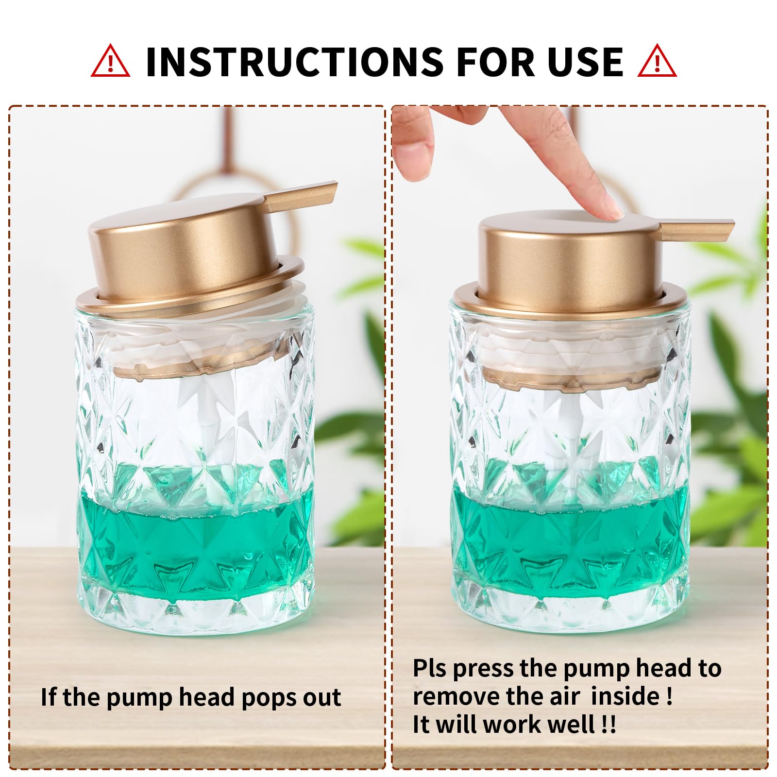Bathroom Glass Soap Dispenser with Durable Rust-Proof Plastic Liquid Pump Hand Lotion Dispenser Antislip Shampoo Kitchen 10oz 2 Pack