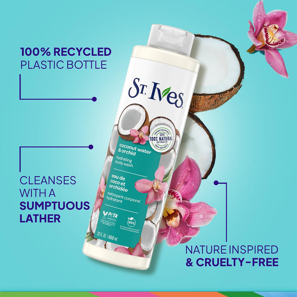 St. Ives Body Wash, Coconut Water & Orchid Hydrating Shower Gel 2-Pack, 100% Natural Extracts, Cruelty-Free, 22 Oz Ea