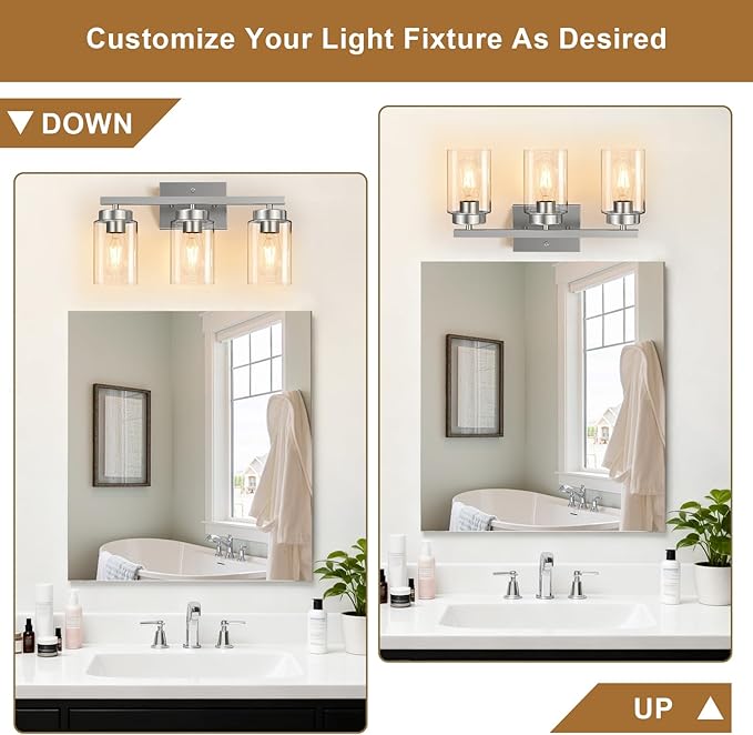IZORRO Modern Bathroom Light Fixtures, 3 Light Brushed Nickel Vanity Lights, Bathroom Lighting Fixtures Over Mirror with Clear Glass for Living Room Cabinet Bedroom