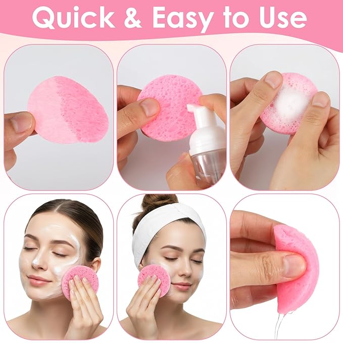 200 Count Compressed Facial Sponges for Cleansing - 100% Natural Cellulose Disposable Face Sponges for Exfoliating, Makeup & Mask Removal, Pink