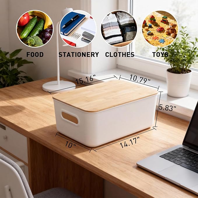 Citylife Storage Bins with Bamboo Lids 13QT Plastic Storage Containers Stackable Organizer Boxes with Handle for Desk Snacks, Toys, 4 PCS, 14" L x 10.6" W x 6.18" H