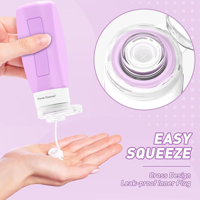Redfly Travel Bottles for Toiletries, Tsa Approved 3oz Travel Size Containers, Leak Proof Travel Size Toiletries Bottles Silicone, BPA Free Refillable Shampoo Conditioners Essentials Kit, Purple