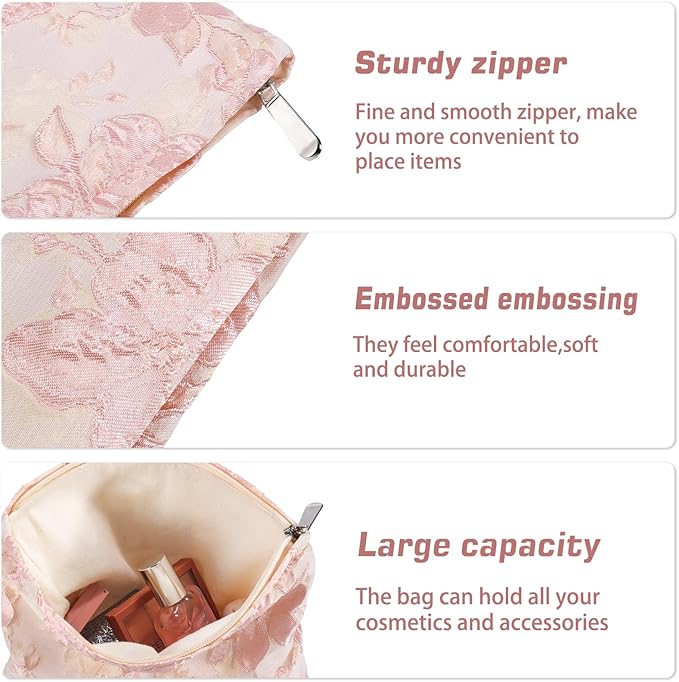 URSKYTOUS Flower Makeup Bag Travel Large Floral Cosmetic Bags for Women Cute Makeup Pouch Zipper Cosmetic Pouch for Purse Embossed Pink Aesthetic Make up Organizer Bag Portable Toiletry Bag