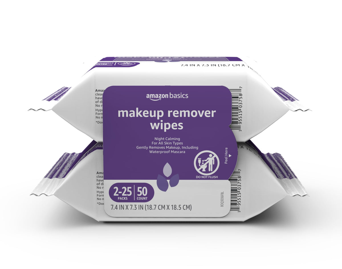 Makeup Remover Wipes, Hydrating Facial Cleansing, Hyaluronic Acid, Dermatologist Tested, Alcohol-Free, Removes Waterproof Mascara, 25 Count, 2-Pack