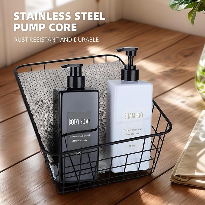 DEROANBOTT Shampoo and Conditioner Dispenser (Set of 2, 16.9oz) Modern Refillable Shampoo Pump Bottles for Shower Soap - Empty Body Wash Dispenser Set for Bathroom (White+Black)
