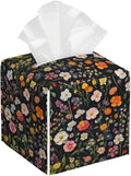 Spring Floral Tissue Box Cover Square Leather Tissue Holder Vintage Wildflower Decorative Facial Tissue Case for Bathroom Bedroom Living Room Office Desk Home Decor