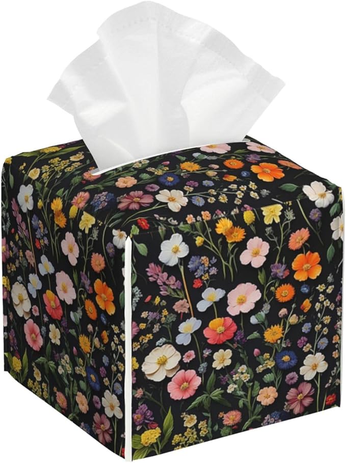 Spring Floral Tissue Box Cover Square Leather Tissue Holder Vintage Wildflower Decorative Facial Tissue Case for Bathroom Bedroom Living Room Office Desk Home Decor