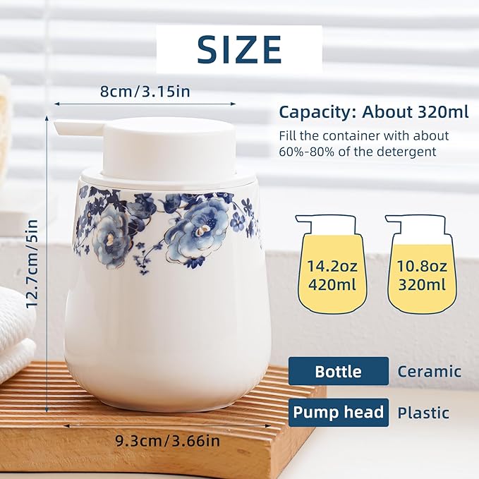 Agyiuns Soap Dispenser, Ceramic Foaming Soap Dispenser with Easy-to-Press Pump for Bathroom 10.8 oz refillable Liquid Hand soap Dispenser for Hand sanitizers, lotions (Blue Flower Foam Dispenser)