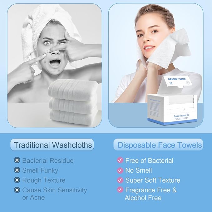 GRANNY SAYS Disposable Face Towel, 100 Counts/2 Boxes, Biobased Face Towelettes Disposable, Extra Thick Soft Clean Towels, Clean Skin Towels for Remove Makeup, Facial Cleansing, 10"×12"