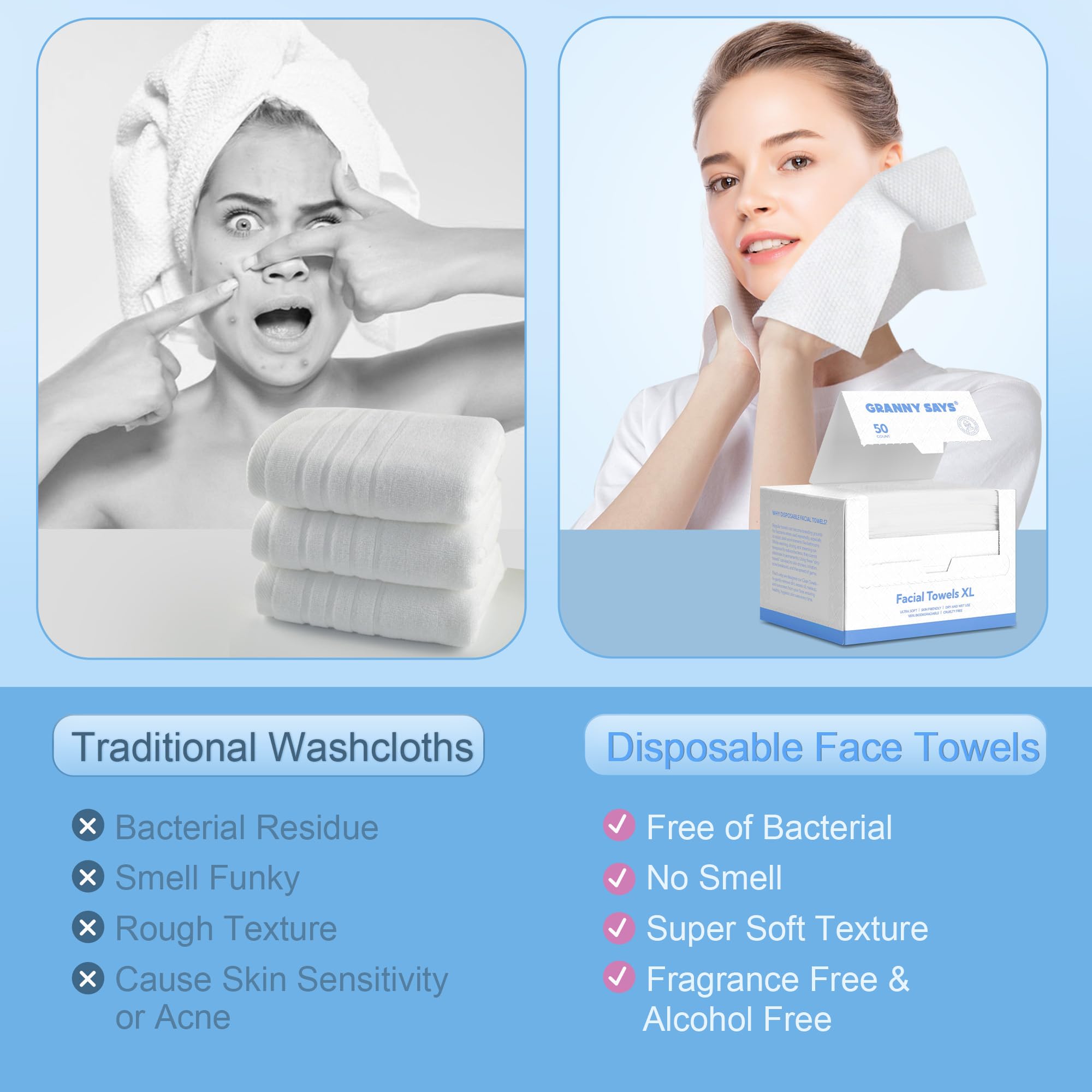 GRANNY SAYS Disposable Face Towel, Face Towelettes Disposable Biobased, 50 Count Extra Thick Soft Face Towels, Clean Skin Towels for Remove Makeup, Facial Cleansing, Nursing, Travel, 10"×12"