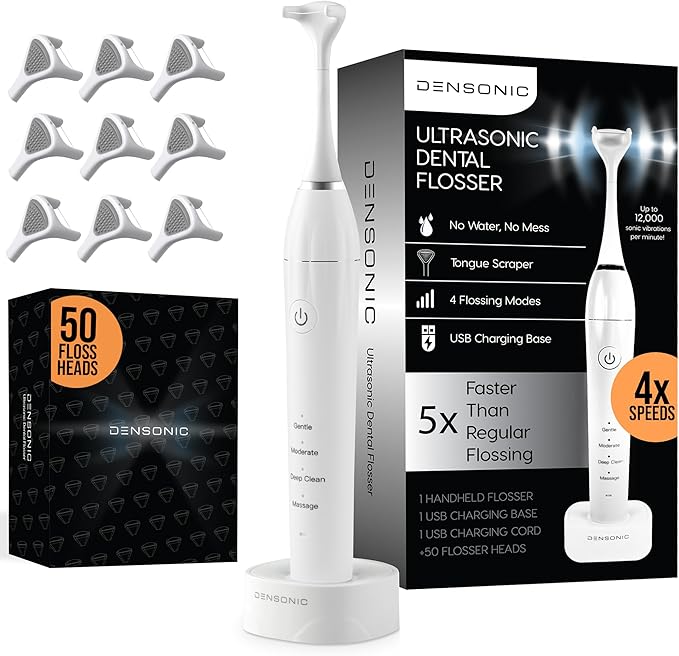 DENSONIC Electric Flosser Kit with Tongue Scraper | No Water, No Mess | Easy Gliding Dental Floss for Gentle Gum Care | Cordless Sonic Power | 50 Replaceable Heads [Glacier White]