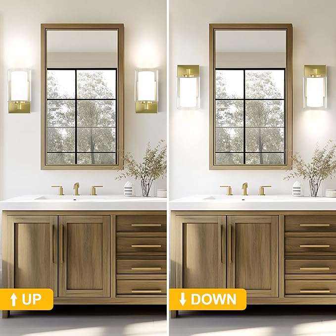 Wall Sconces Set of Two: Bathroom Sconce of 2, Gold Vanity Fixtures with Double Clear Glass Shade, E26 Base Hardwired Farmhouse Wall Lights for Bedroom Living Room Bathroom (Bulb not Included)