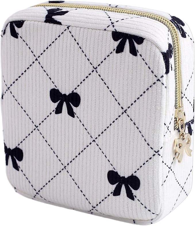 Teircno Period Bag for Women - Cute Corduroy Sanitary Napkin Storage Bag with Bow Design | Period Pouch for Daily Use, Travel | Discreet Menstrual Pouch | Pad Bags for Period Holds Pads, Tampons