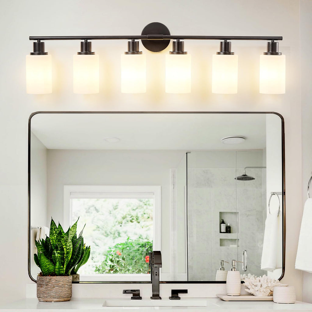 DLLT 6-Light Bathroom Light Fixtures: Black Modern Vanity Lights with E26 Bulbs - Milky White Glass Shade Bathroom Wall Lamp for Mirror Kitchen Living Room Hallway Cabinet Porch