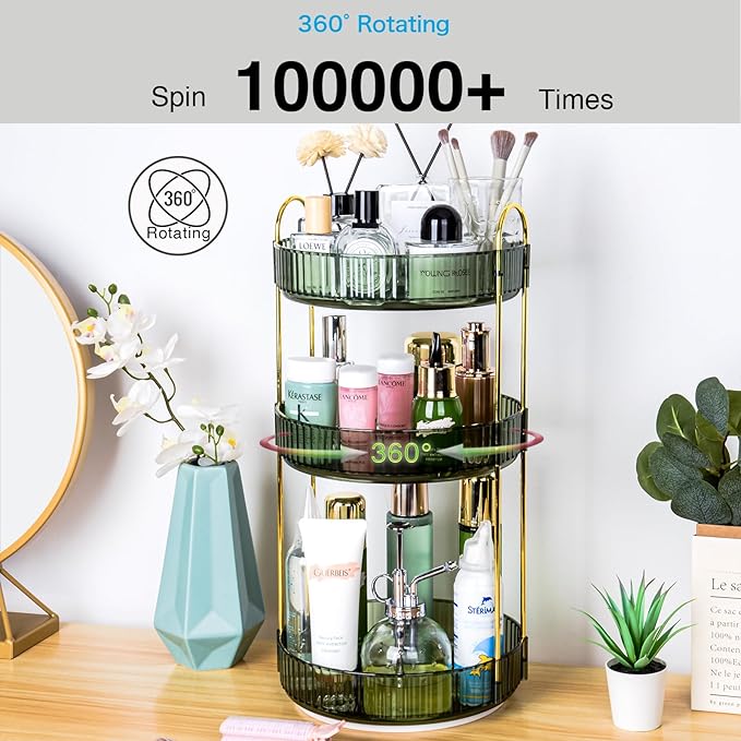 Niluks 360 Rotating Makeup Organizer - Large Capacity Spinning Perfume & Cosmetic Skincare Holder for Vanity & Countertop (Gem Green, 3 Tier)