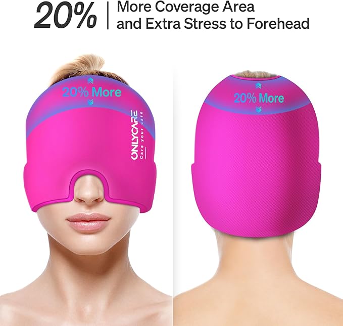 ONLYCARE Migraine Relief Cap, Soothing Migraine Mask, Upgraded Odorless Gel Ice Head Wrap, Hot and Cold Therapy, Headache Ice Pack for Tension, Stress, Hangover (Bright Pink)