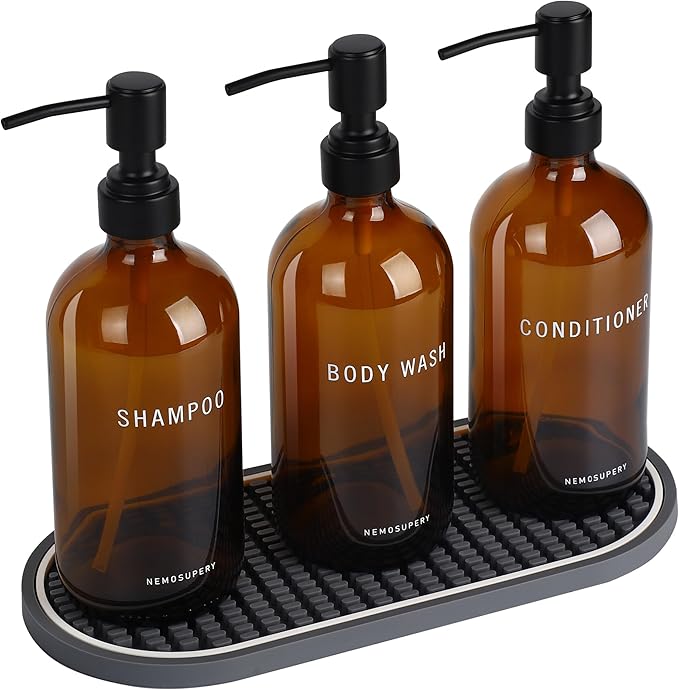 Nemosupery Amber Glass Shampoo and Conditioner Dispenser Set – 16.9oz Refillable Bottles with Stainless Steel Pump, Non-Slip Mat & Waterproof Labels –Shampoo Conditioner Body Wash Dispenser for shower