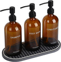 Nemosupery Amber Glass Shampoo and Conditioner Dispenser Set – 16.9oz Refillable Bottles with Stainless Steel Pump, Non-Slip Mat & Waterproof Labels –Shampoo Conditioner Body Wash Dispenser for shower