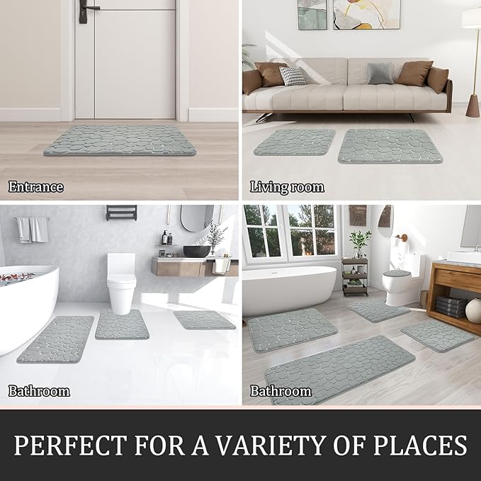 YIHOUSE Bathroom Rugs Mat Set, Memory Foam Bath Mat 3 Piece Gray