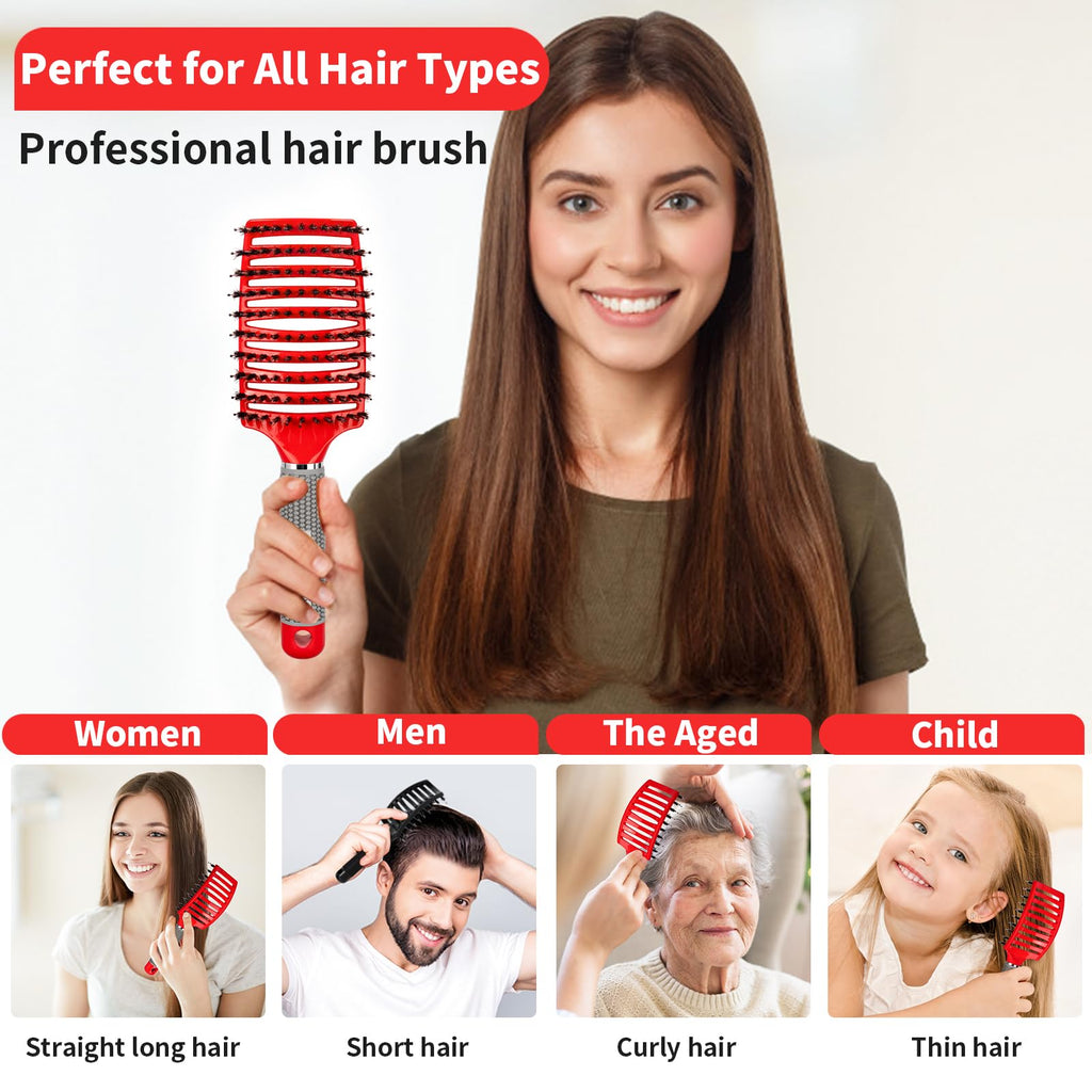 Boar Bristle Hair Brush Set of 2, HIPPIH Wet & Dry Hair Brushes Made by Fine Natural Boar Hair Can Adds Shine and Smoothing, Detangling Hairbrush for Women, Men & Kids' Long Curly Thick Hair