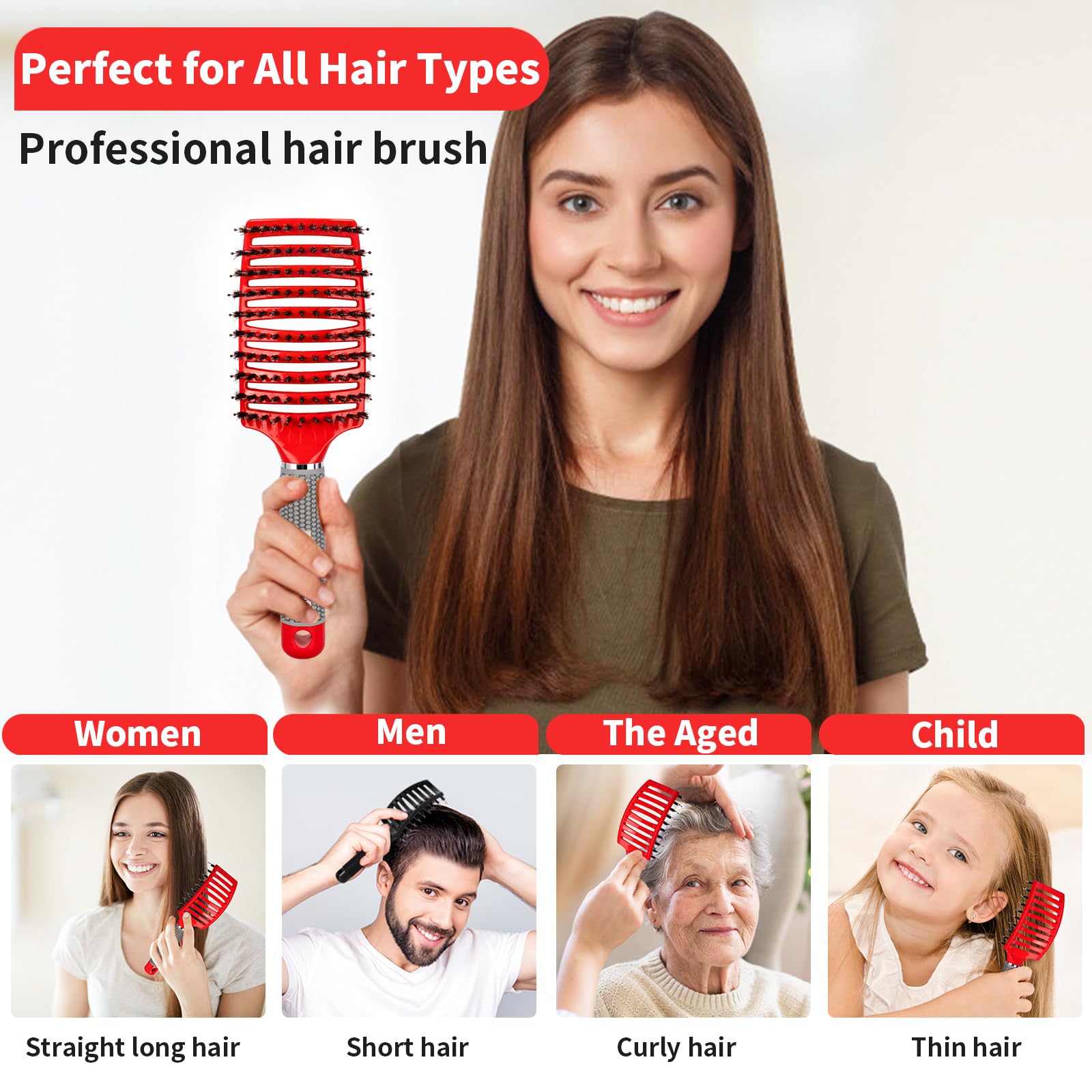 Boar Bristle Hair Brush Set of 2, HIPPIH Wet & Dry Hair Brushes Made by Fine Natural Boar Hair Can Adds Shine and Smoothing, Detangling Hairbrush for Women, Men & Kids' Long Curly Thick Hair