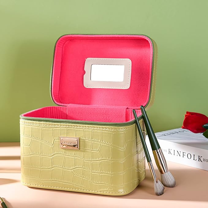 Sluxa Fashion makeup box, Portable leather hard cosmetic case with mirror, Professional train case make up box for women adults. (Green)