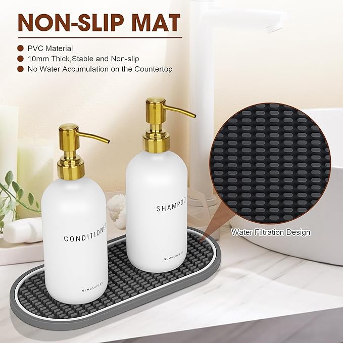 Nemosupery White Glass Shampoo and Conditioner Dispenser Set –16.9oz Refillable Bottles with Stainless Steel Pump, Non-Slip Mat & Waterproof Labels –Shampoo Conditioner Body Wash Dispenser for Shower
