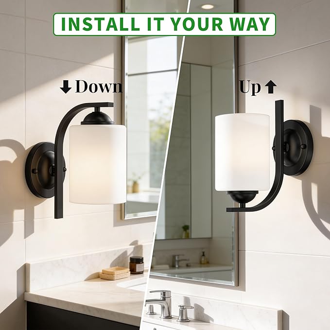 Wall Sconces Lights Lamp for Bedroom Bathroom, Modern Vanity Light Fixtures, Matte Black Farmhouse Wall Mount Lighting Lanterns with Glass Shade for Living Room Mirror Hallway Kitchen