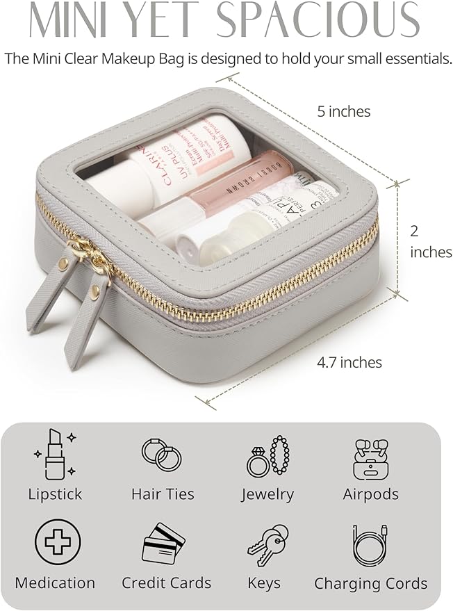Popvibe Small Cosmetic Bag for Purse Mini Makeup Bag Cute Clear Make Up Pouch for Travel Tiny Leather White Make Up Organizer Case for Backpack Toiletry Bag Waterproof Square Pouch with Zipper