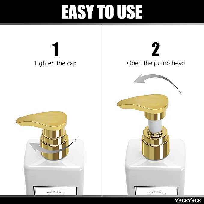 White With Gold Pump Shampoo Bottles Set of 3, 500ml Refillable Shower Dispenser, Rectangular Plastic Bottles with Pump, Glass & Metal Free