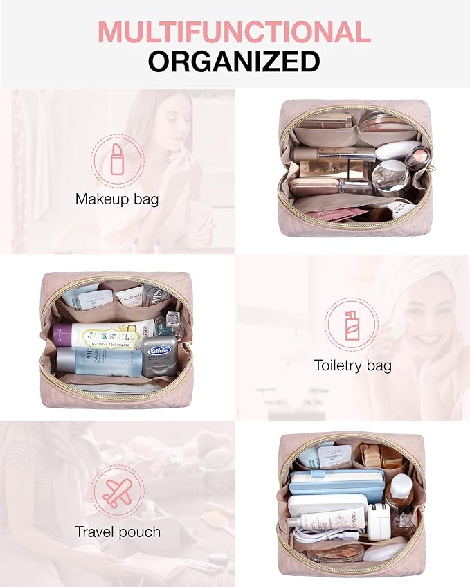 BAGSMART Small Makeup Bag, Compact Cosmetic Pouch for Women for Purse, Travel Toiletry Organizer with Wide Open Design, Pink
