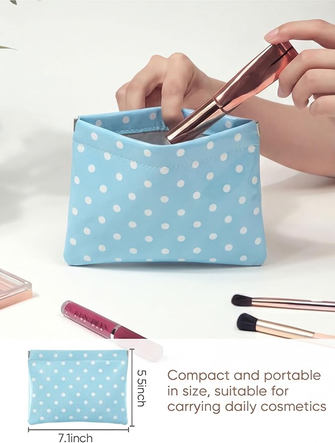 Ksriylm Dots Leather Makeup Pouch Set for Women Small Make Up Bag for Purse Waterproof Initial Makeup Cosmetic Bags Pouches for Purse Aesthetic Travel Toiletry Bag,Blue White