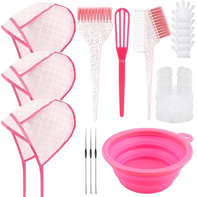 YOOVR 19PCS Hair Bleach Highlighting Kit with Hair Dye Brush and Bowl Set Color Whisk, Highlight Frosting Cap with Hook, Gloves Capes, Home Use Salon Tools for Hair Bleaching Coloring Dying (Pink)