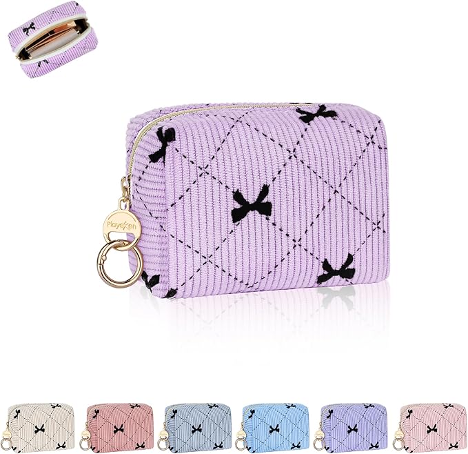 Playexen Mini Makeup Bag, Corduroy Small Cosmetic Bag for Purse, B-Purple