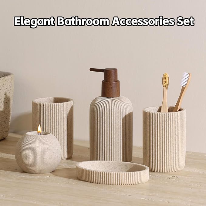WUUAHOME Bathroom Accessories Set, 5 PCS Sandstone Look Stripe Modern Bath Organizer with Soap Dispenser, Toothbrush Holder, Tumbler, Soap Dish, Candle Holder for Countertop Kitchen Sink (Beige)