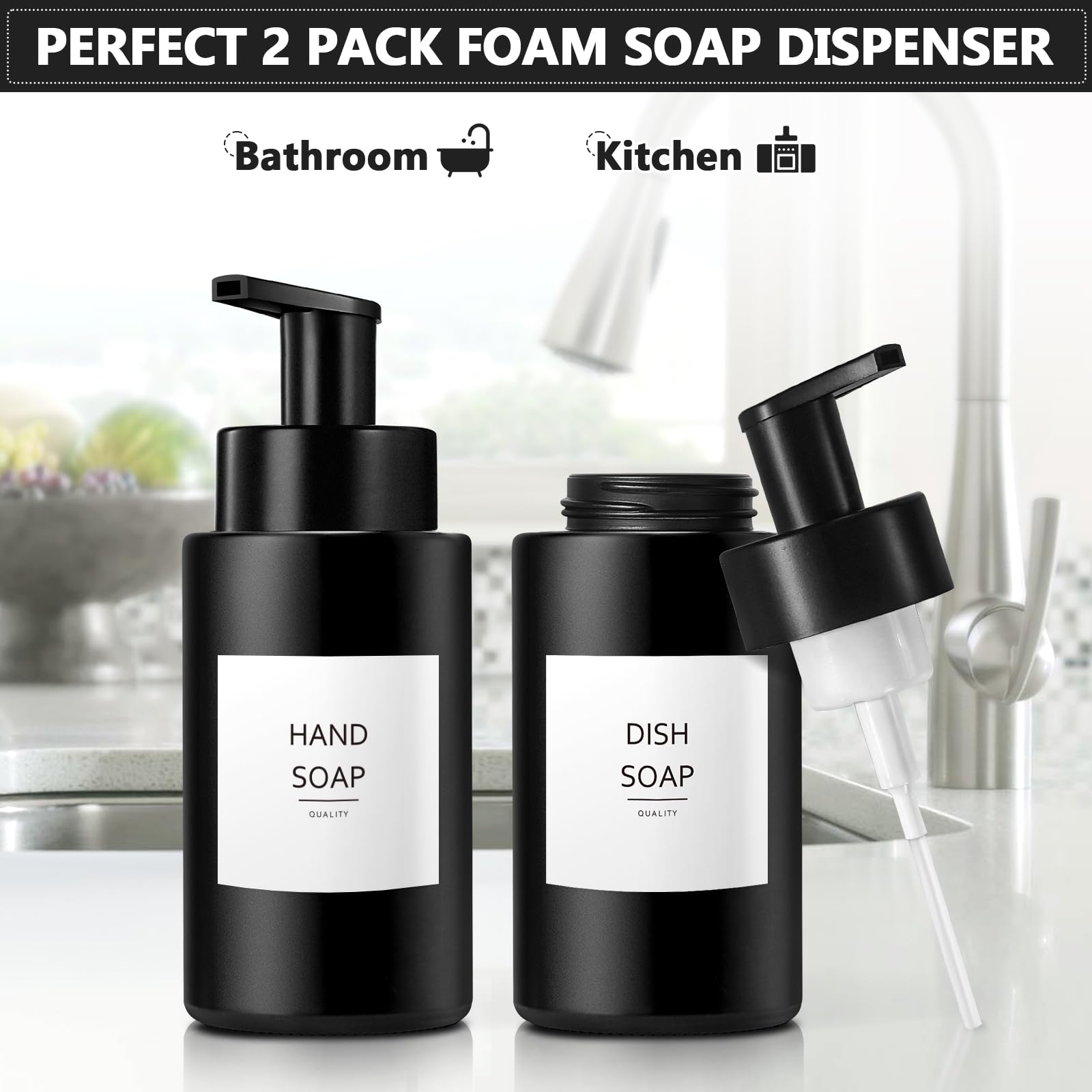 RYTOXILO Matte Black Foaming Hand Soap Dispenser, 10 oz/300ml Glass Foam Dispenser, 2 Pcs Foaming Soap Dispenser for Bathroom, Black Refillable Pump with Waterproof Labels