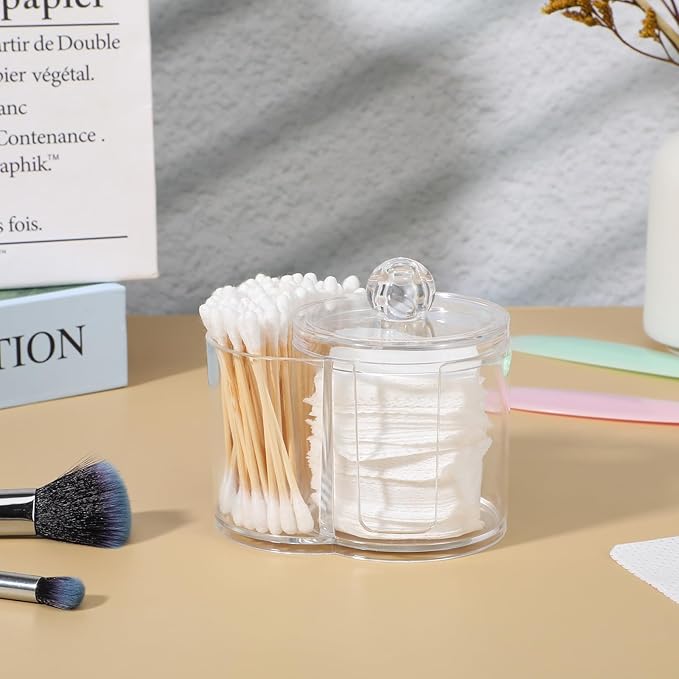 Yolev Qtip Holder with Dual Compartments Clear Cotton Round Holder Plastic Vanity Canister with Removable Dustproof Lid Cotton Swab Container for Cottons Swabs Makeup Storage Container Accessories