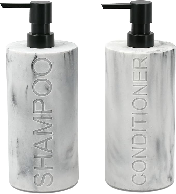Indecor Home Marble Resin 2 Piece Shampoo and Conditioner Dispenser Set, Luxurious Refillable Pump Bottles with Matte Pump Top and Embossed Text, Durable Design for Bathroom and Shower