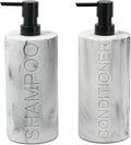 Indecor Home Marble Resin 2 Piece Shampoo and Conditioner Dispenser Set, Luxurious Refillable Pump Bottles with Matte Pump Top and Embossed Text, Durable Design for Bathroom and Shower