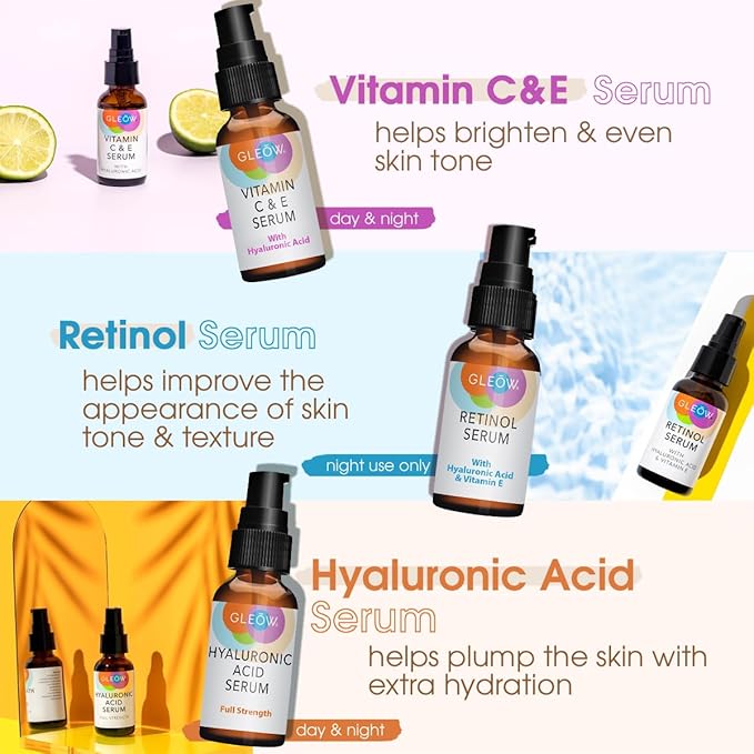 GLEOW Skincare Set: Retinol, Vitamin C, and 99% Hyaluronic Acid Serum, Face Serum Set Targets Appearance of Uneven Skin and Dryness, Total Package Serum Set 3x1 oz