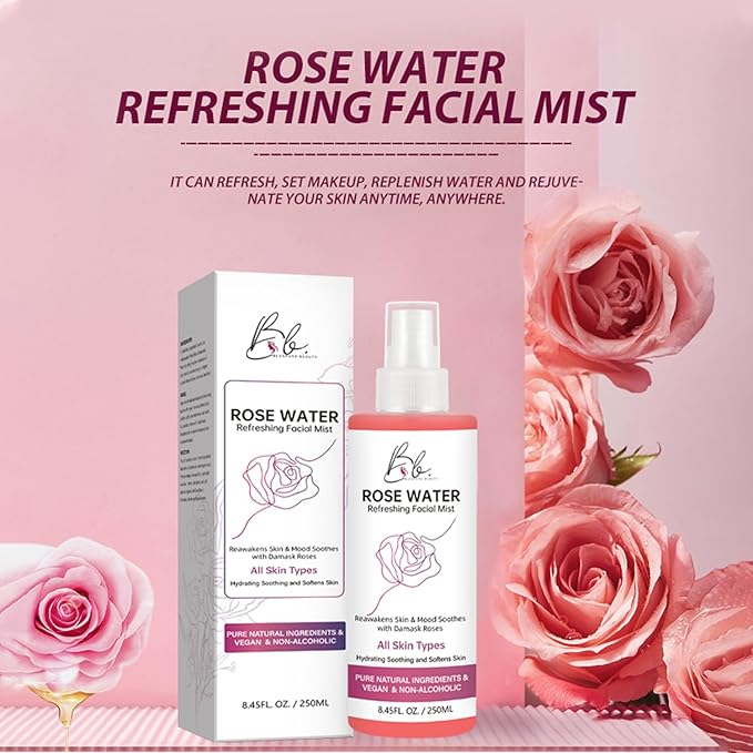 Rosewater Refreshing Facial Mist – Hydrating, Soothing & Softening Spray with Damask Roses & Glycerin – Pure Natural Ingredients, Vegan, Alcohol-Free, All Skin Types, 8.45 fl oz